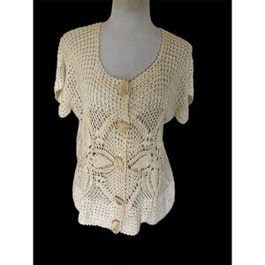 Handmade Crochet Cream Short Sleeve Cardigan, Granny Cottagecore Flower Design